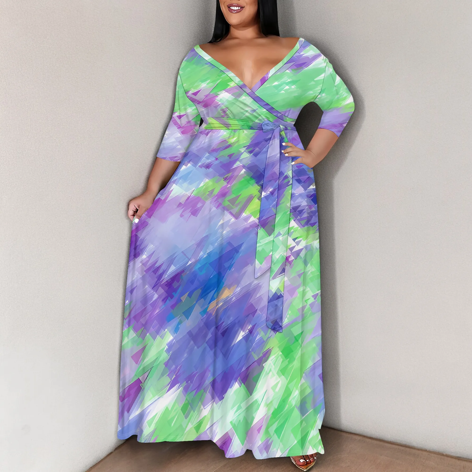 Plus Size Wrap Maxi Dress Green Purple Abstract Print V Neck Half Sleeve Elegant Summer Outfit
