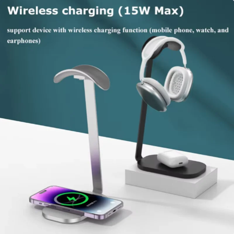 3in1 Wireless Charging Headphones Stand for Airpods Max Desktop Gaming Headset Bracket Charging Base for Phone Bluetooth Earphon