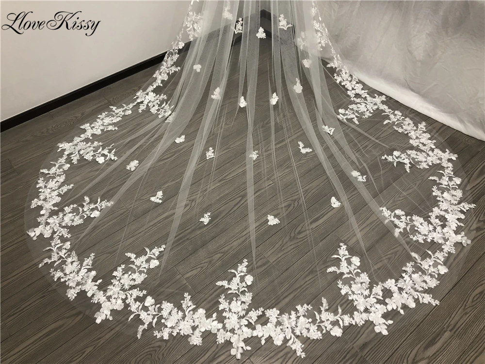 Lace Wedding Veils Full Edge Floral Appliques Cathedral Bridal Veil With Comb 300cm velo de novia White/Ivory Accessories