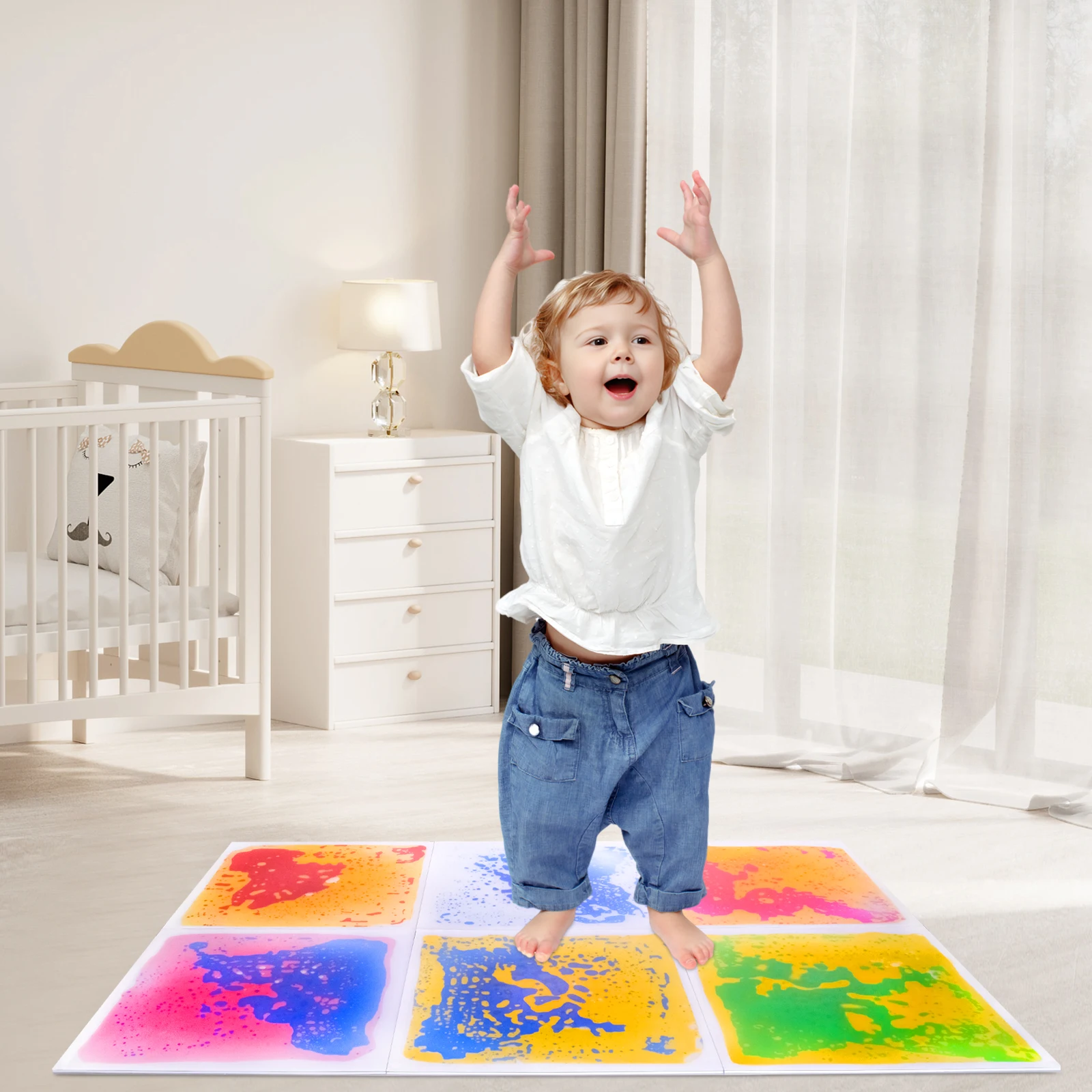 Immersives Erlebnis, sensorischer Flüssigkeitsboden für Kindertagesstätten, Spaß, sensorische Squish-Fliesen, farbige sensorische Quadrate, 6 Stück