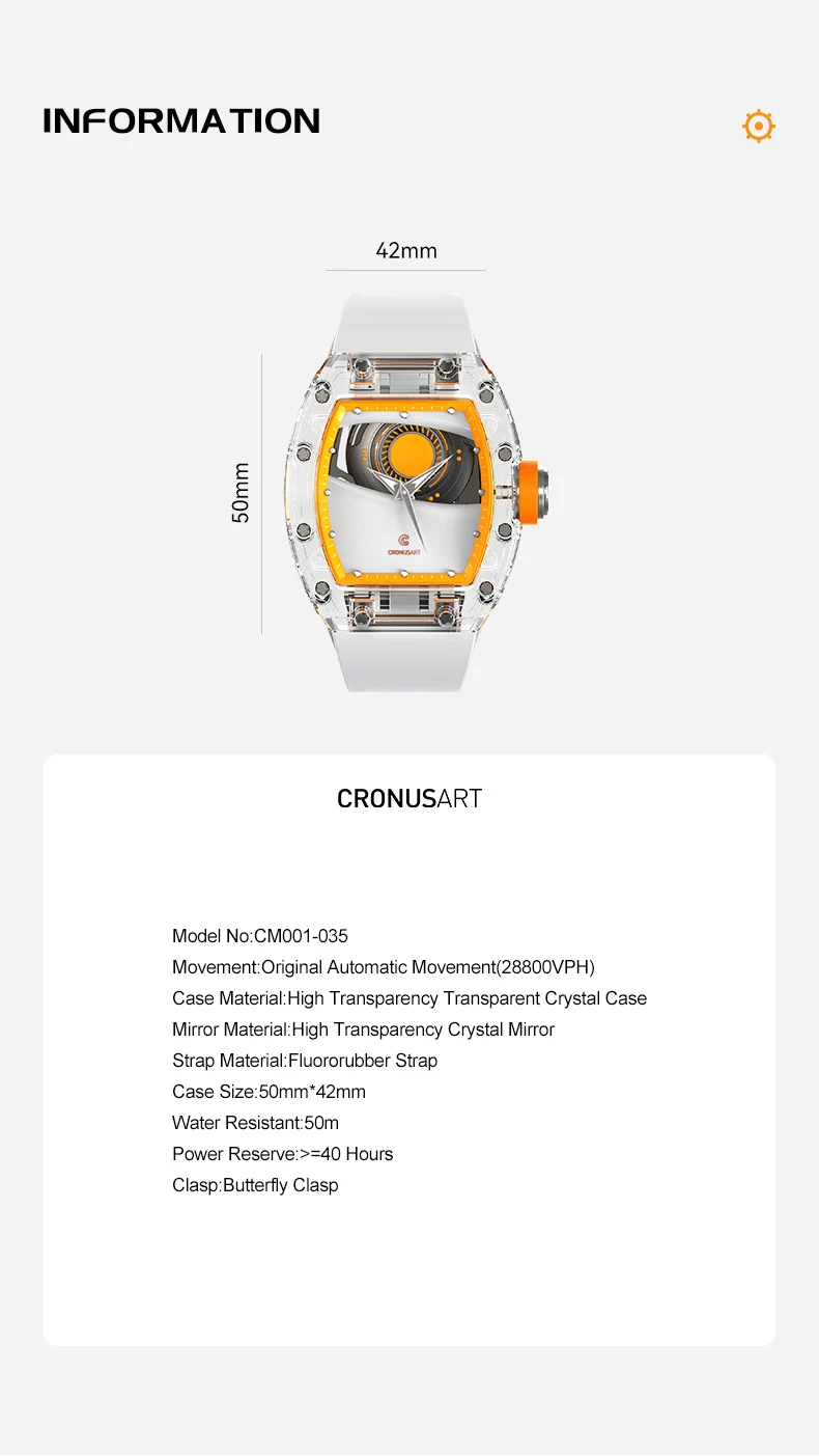 Imagem -06 - Cinustart-tonneau Relógio de Pulso Mecânico Masculino Relógio Automático Alta Transparência Caixa Acrílica Cinetorubber Luxo 50 mm