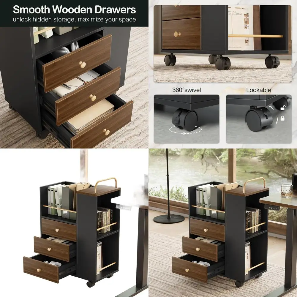 

Rolling Wood File Cabinet with 3 Drawers, Lockable Wheels, Open Shelves, Fits A4/Legal, 19.7 x 11.8 x 26.3, Black Walnut