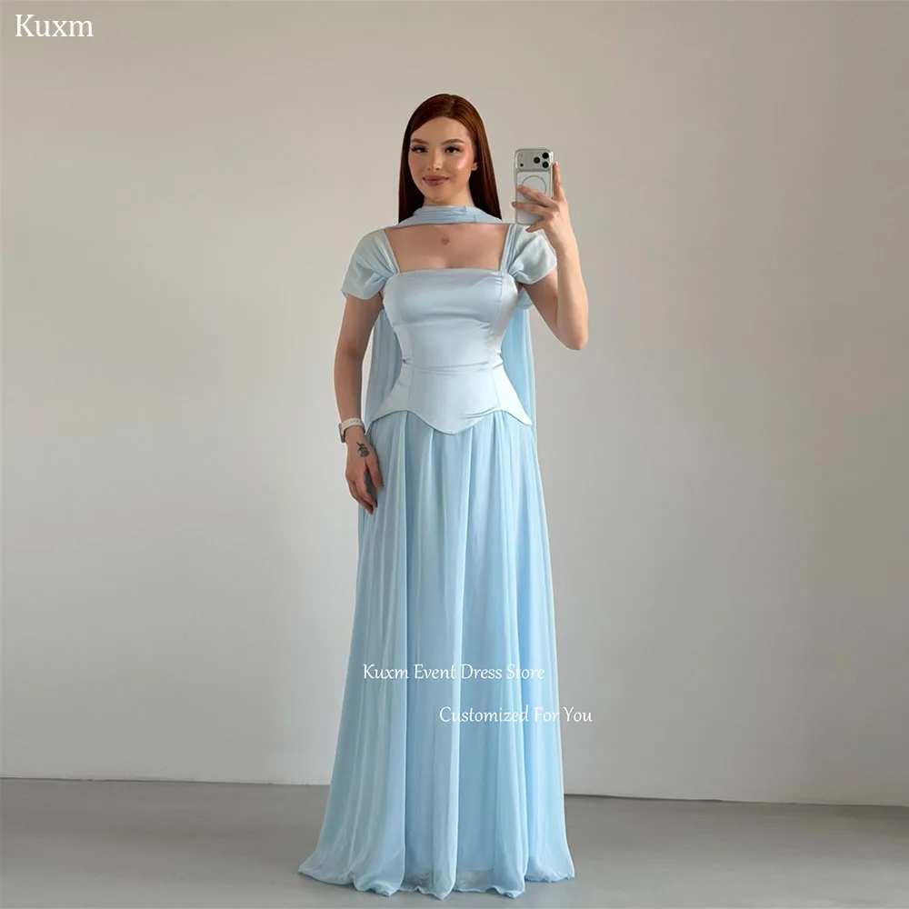 Kuxm Sky Bule Strapless A Line Evening Dress Off The Shoulder Chiffon Wedding Guest Gown Backless Ribbon Prom Gown Customized