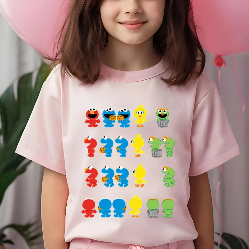 Sesame Street printed kids cotton T-shirt pink short-sleeved top personality children's clothing for girls