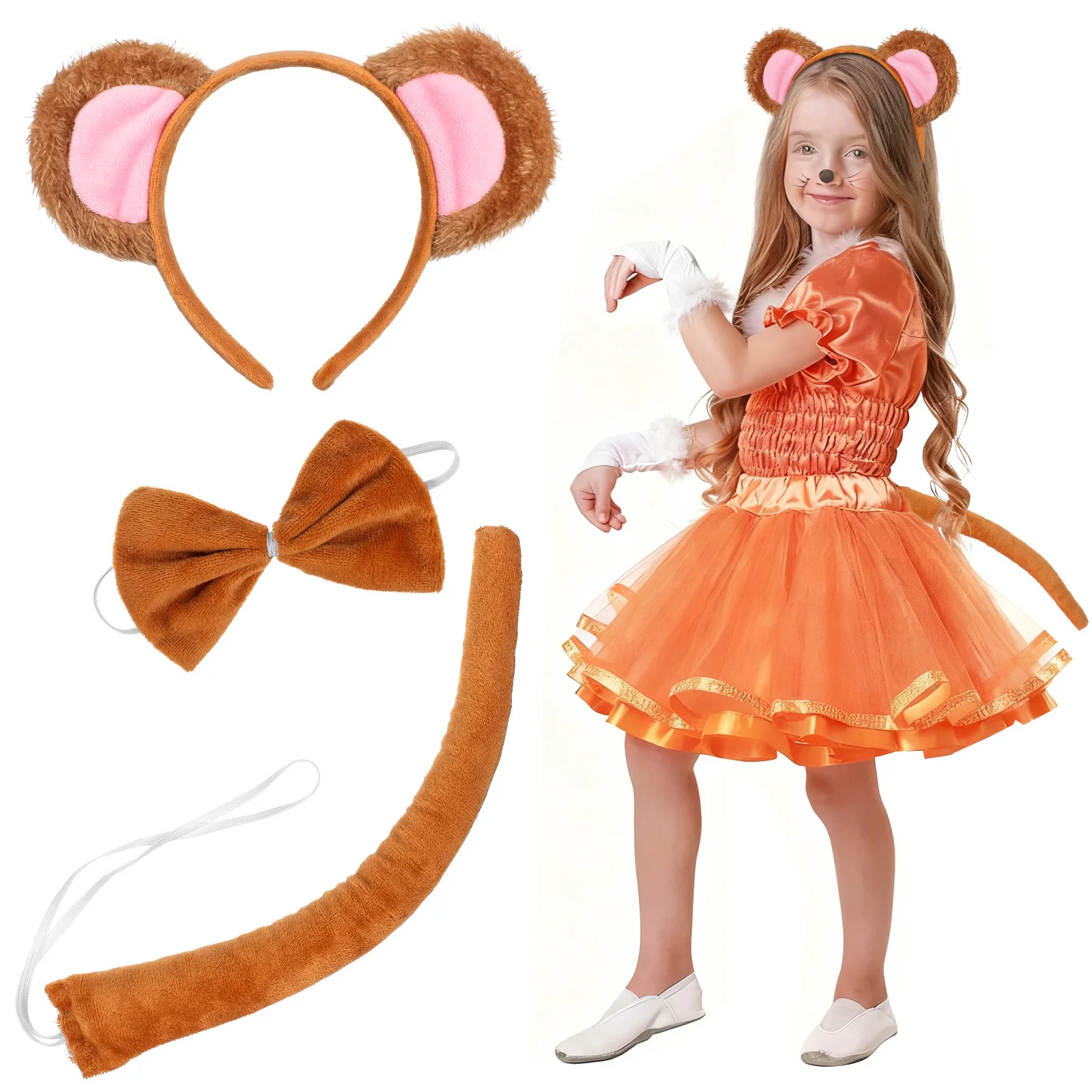 1 Zestaw Opaska na Głowę z Motywem Małpy, Ogon, Muszka, Akcesoria do Kostiumu Zwierzęcego, Halloween, Karnawał, Artykuły na Imprezę