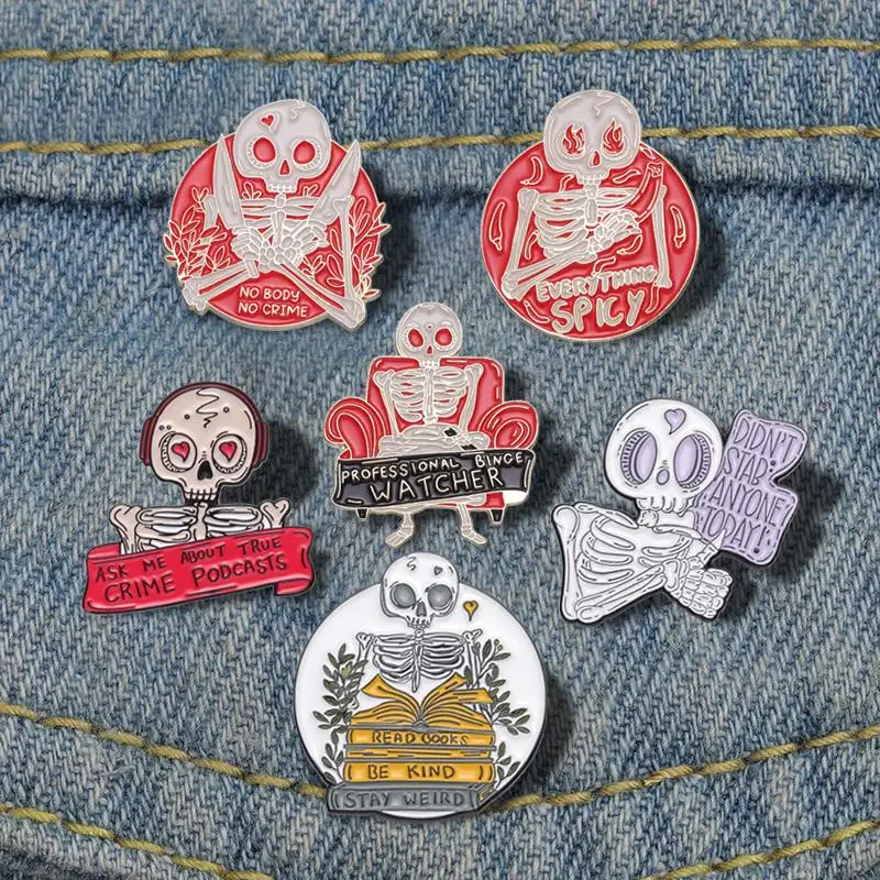 Enamel Pins Custom ASK ME ABOUT TRUE CRIME PODCASTS Brooches Lapel Badges Punk Gothic Jewelry Gift for Friends Red Punk Skeleton