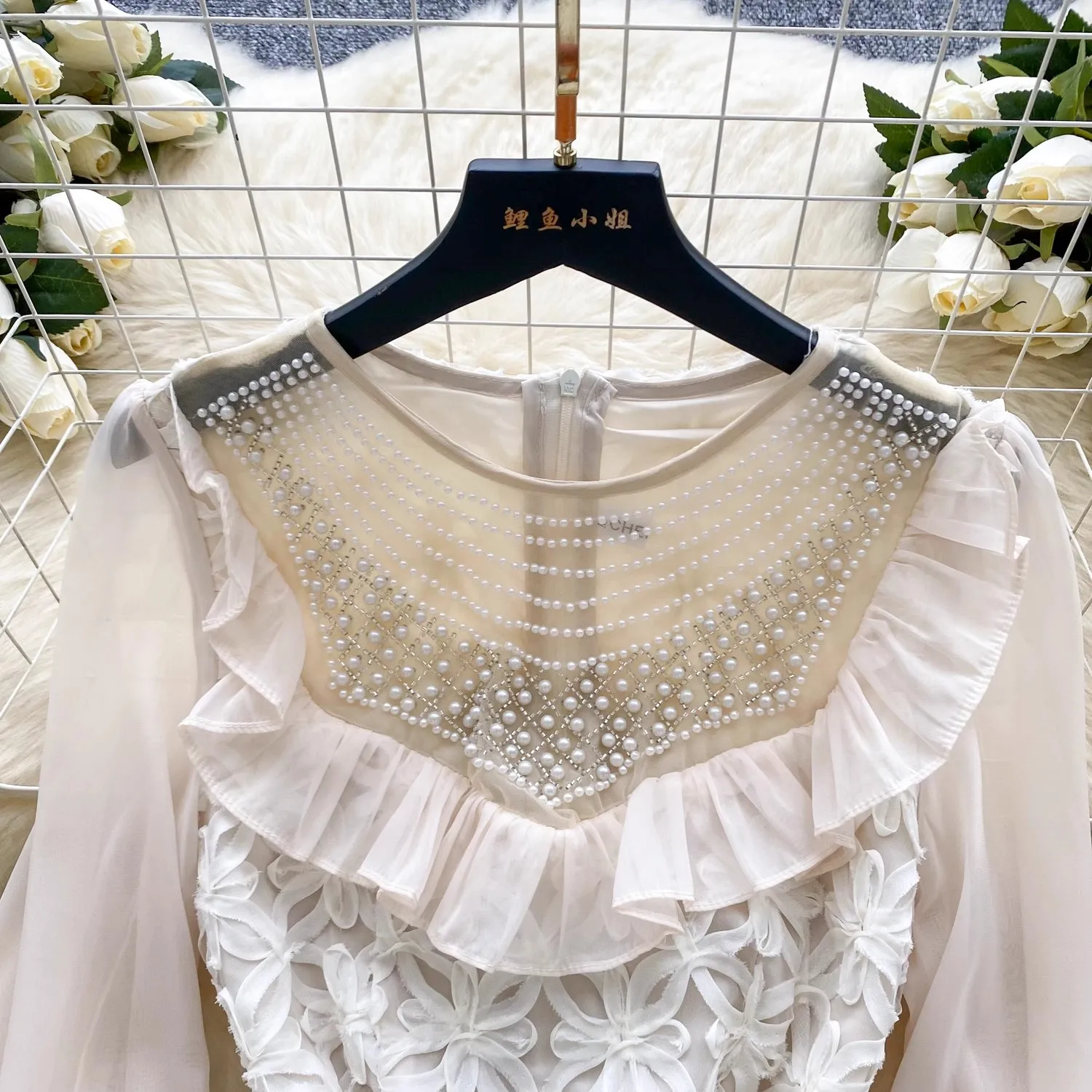 Luxury Crystal Beaded Embroidery Flower Dress Women's Long Flare Sleeve Ruffles Mesh Sleeve Beading Belt Evening Party Vestidos