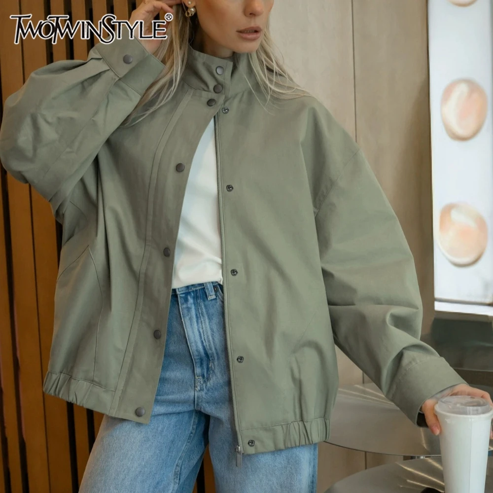 TWOTWINSTYLE Solid Jackets for Women Stand Collar Long Sleeve Zip Snap Button Loose Jacket for Summer Casual Streetwear Style