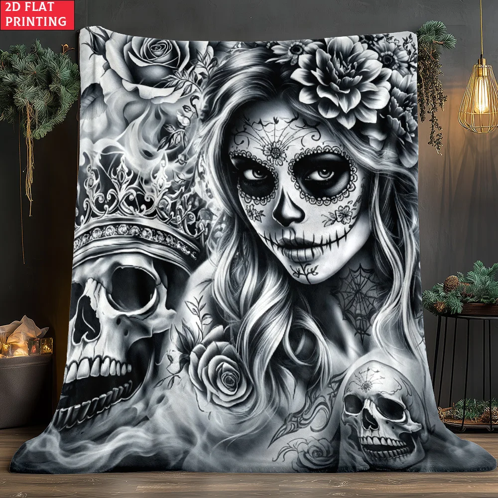 1pc 2D Flat Digital Print Skull High Definition Blanket, 1pc Pack. Soft And Warm Fleece Blanket, Suitable for Travel, Camping, S
