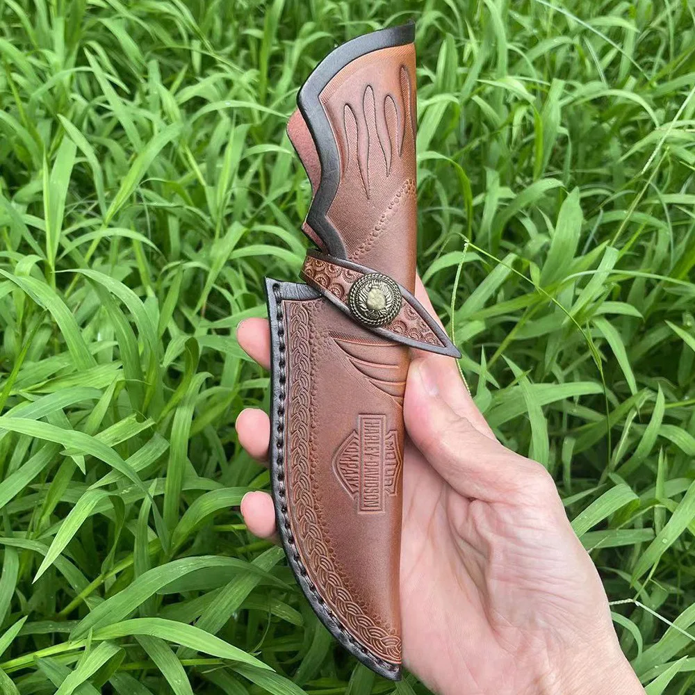 25.5cm Fixed Blade Knife Scabbard Embossed Cowhide Top Grain Leather Camping Knife Case Hunting Holsters with Belt Buckle