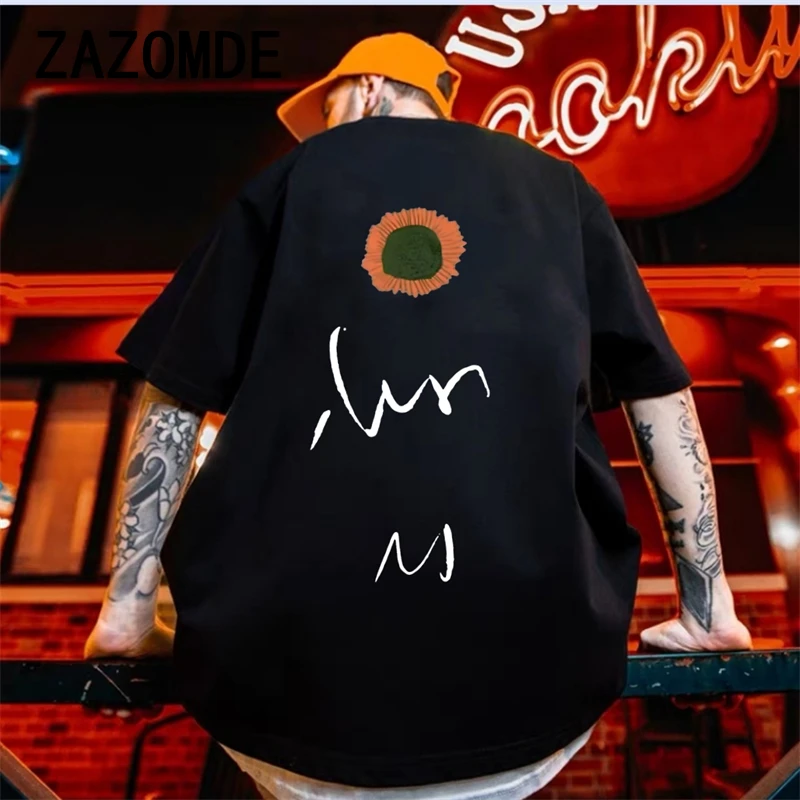 

ZAZOMDE Hip Hop Short Sleeved Men T Shirts Fashion Versatile Fashion Simple Flower Print T-shirt Design Loose Summer Tee Clothes