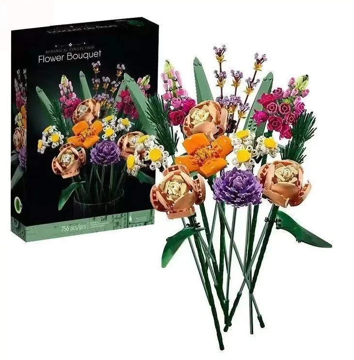 Künstlicher Blumenstrauß DIY Bausteine Botanische Kollektion Heimdekoration Rose Orchidee Topfpflanze Geschenke für Frauen Mutter Ehefrau
