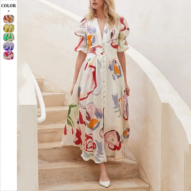 

Casual Printed Waisted Ruffled Half-sleeved Dress Women 2025 Summer Loose Puff Sleeve Button Dress For Women