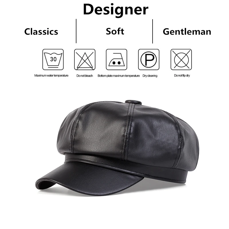 Unisex PU Leather Octagonal Hat Military Hats Flat Top Baseball Caps For Women Men Outdoor Sports Cadet Sunscreen Hat