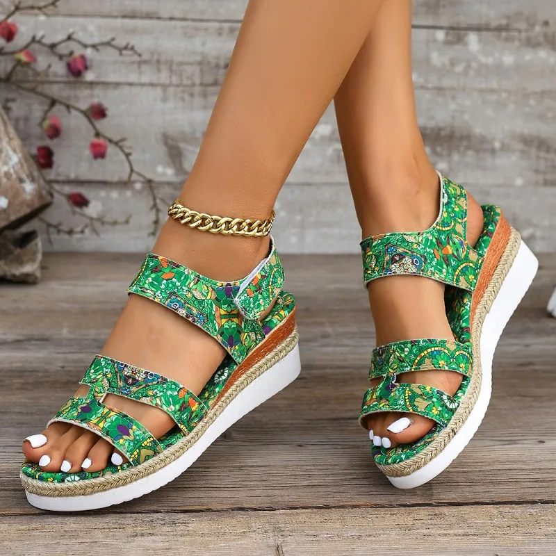 New Roman Style Printed Design High Heel Women's Sandals 2026 Fashion Simple Magic Tape Wedge Women Shoe Мюли Женские На Каблуке