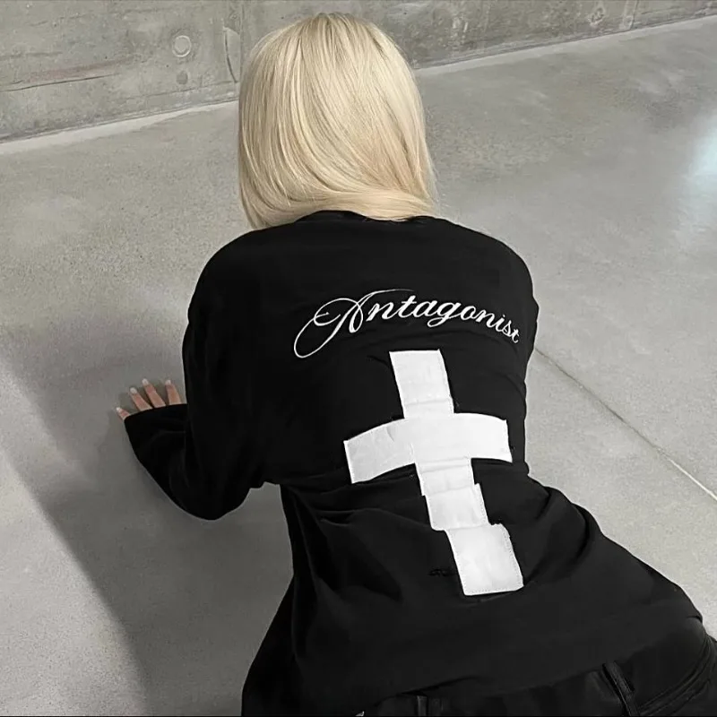 

Harajuku Aesthetics Gothic Cross Print Punk Girls' Long Sleeve T-shirt Sexy and Unique Printed Casual Top Y2K Women's Street