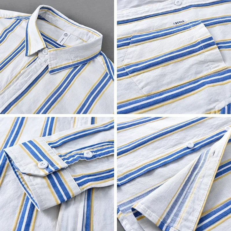 

Весенняя полосатая рубашка в японском стиле, мужские повседневные рубашки с длинным рукавом из чистого хлопка, новые рубашки, мужская рубашка с карманами с лацканами, молодежный топ