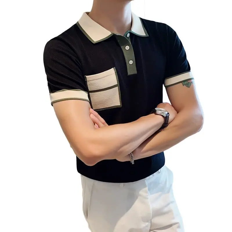 Korean Summer Men Slim Fit Polo Shirt Streetwear Fashion New Male Clothes Contrast Color Pocket Lapel Short Sleeve Casual Tops