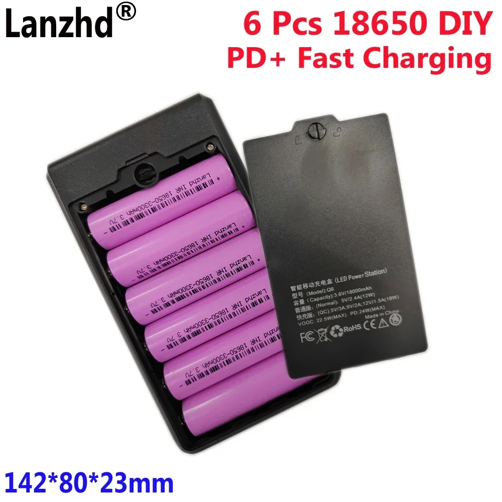 18650 mobile power sleeve charging For bank housing battery box + 6 pcs 3300mAh 18650 battery Removable weld-free