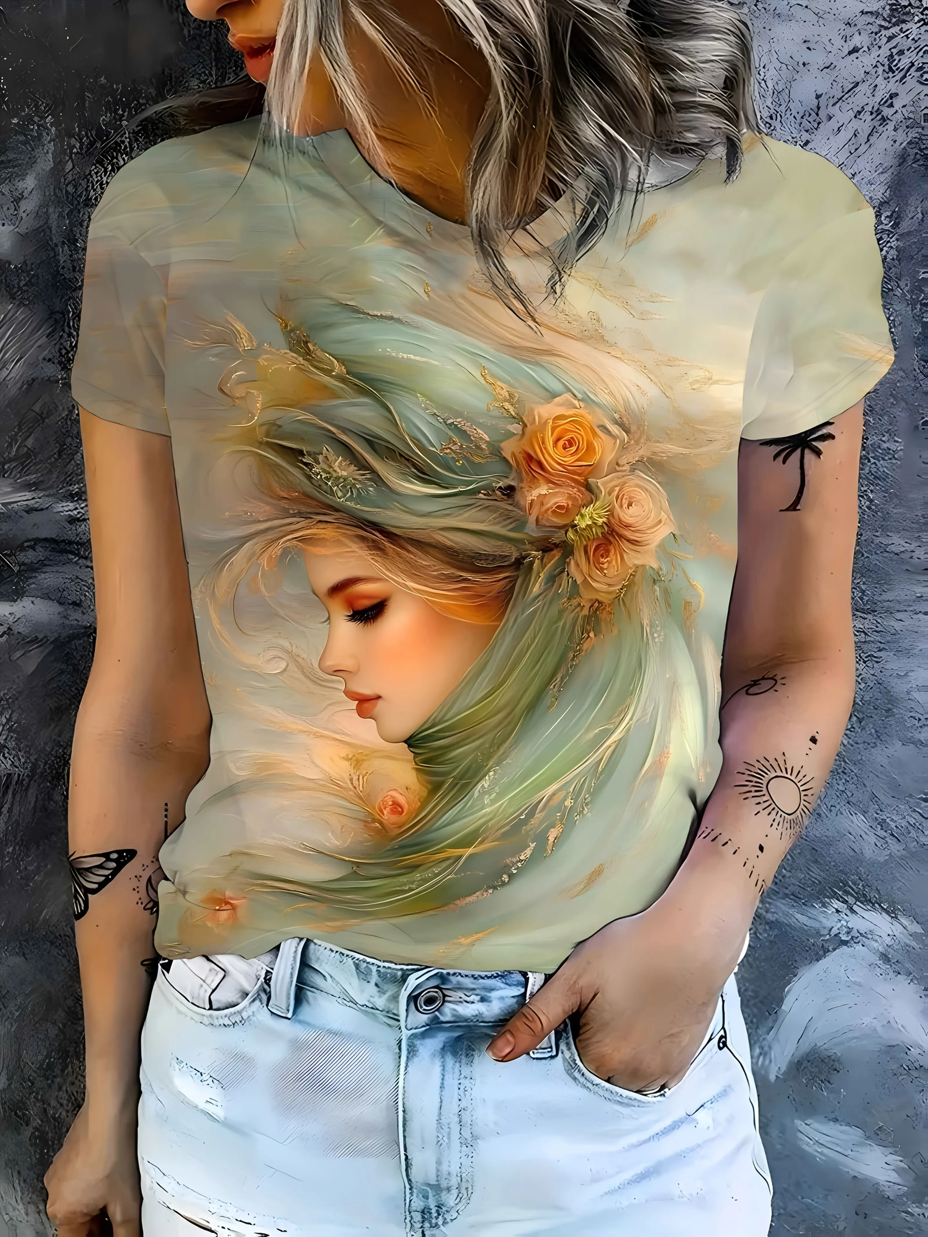 Women Crew Neck Short Sleeve T‑Shirt, Oil Painting Style Girl With Floral Flowing Hair Art Graphic Tee