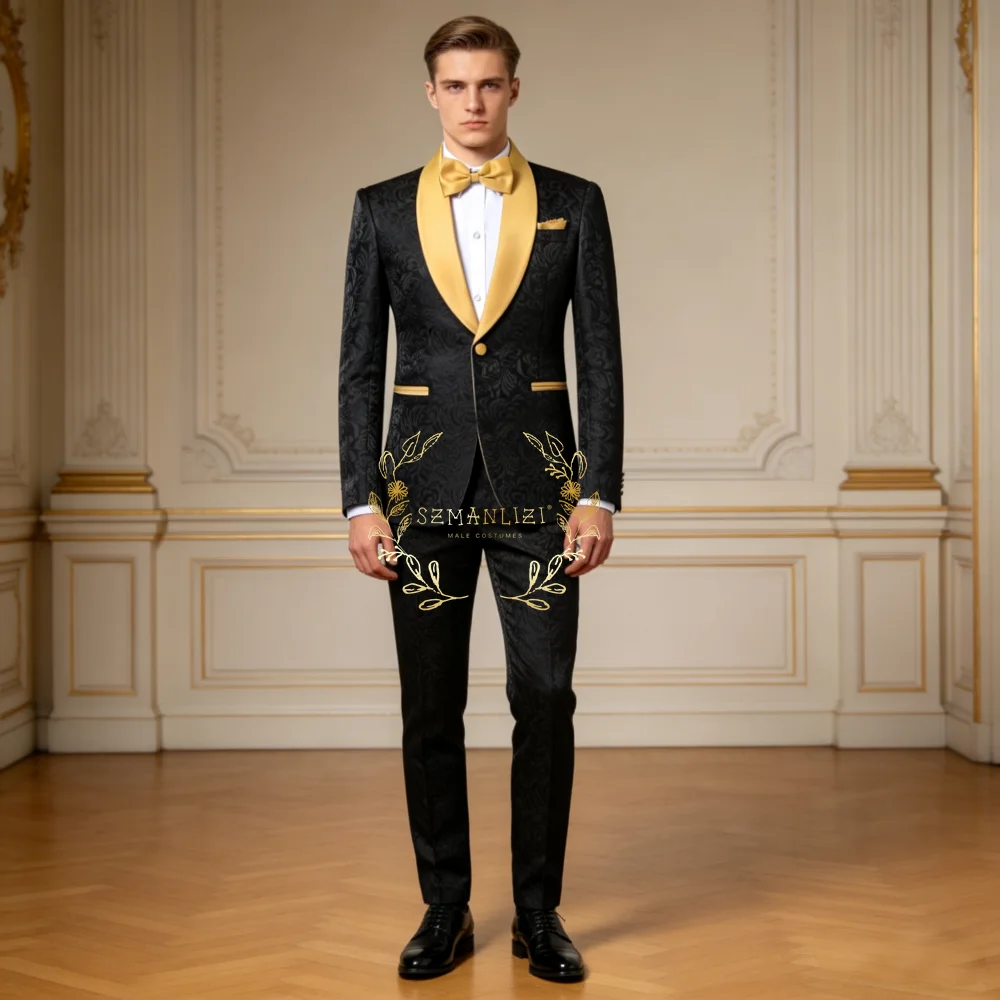 

Элегантный мужской костюм с золотым шалевым воротником для свадьбы, смокинг для жениха, 2 предмета: черный жаккардовый пиджак и брюки, формальный мужской наряд для вечеринок, для шаферов