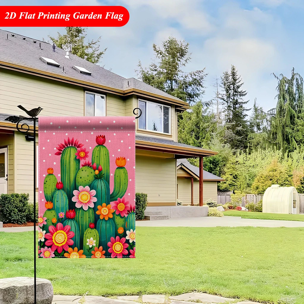 1pcs 2D Flat Printed Cactus Flower Garden Flag Pink Bohemian Style Outdoor Yard Decor Flag No Pole