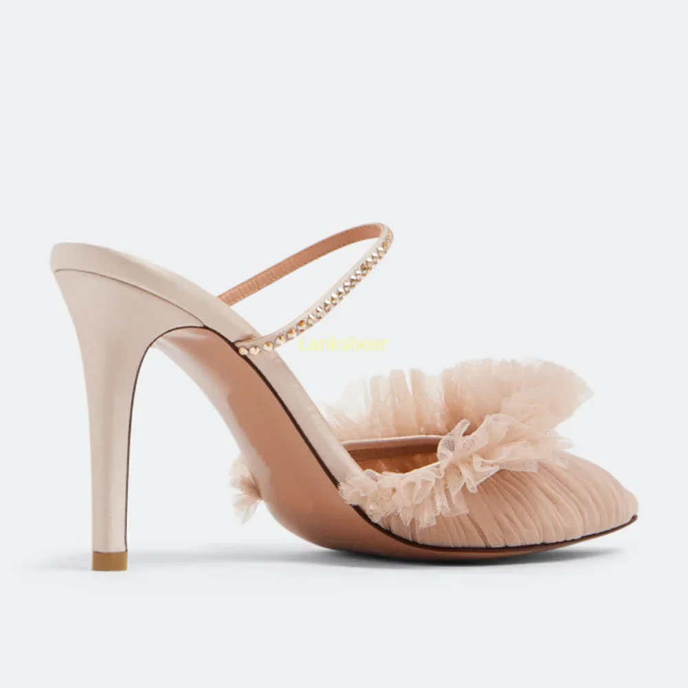 كريستال تول البغال مثير أشار تو كعب رقيقة الصلبة الانزلاق على Slingback الكاحل الاعوجاج الوافدين الجدد موضة النساء الأحذية الحديثة