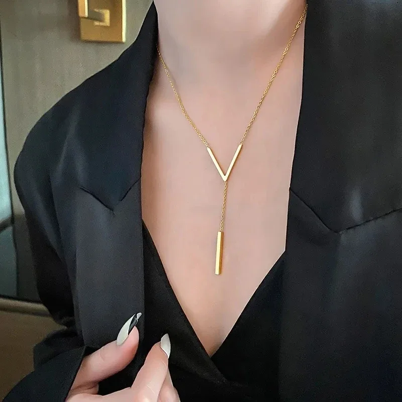 Elegant Stainless Steel V Shape Geometric Stick Pendant Necklace for Women Ladies Dainty Long Chain Necklace  Party Jewelry