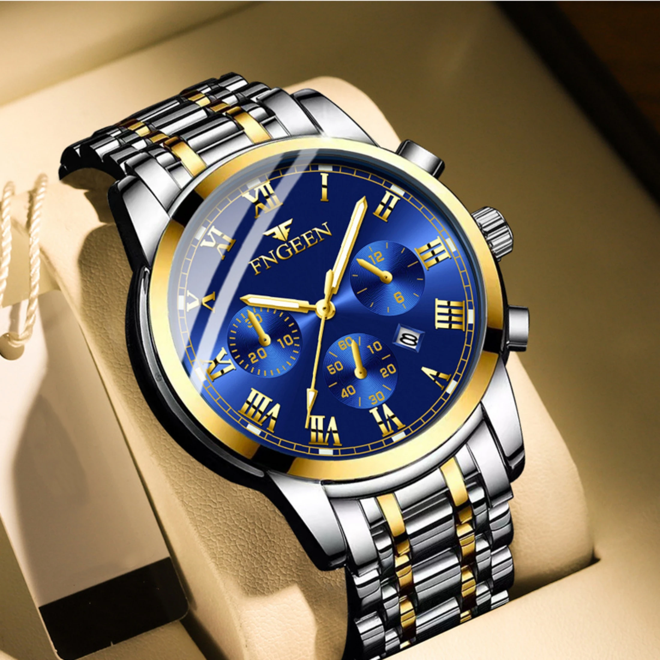 Men's stainless steel watch room gold strap blue dial Roman scale luminous pointer waterproof quartz watch 4006