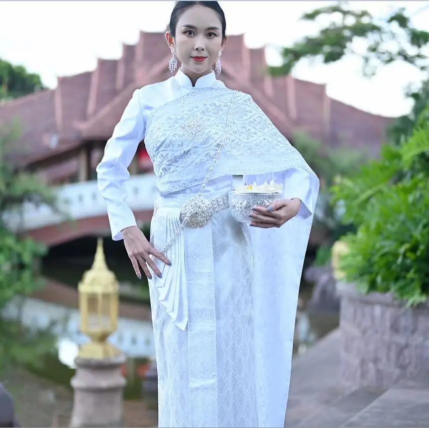 Thailand Princess Traditional Garment Women Stand Collar Long Sleeve Costume Jacket + Skirt Thai Dai Daily Welcome Work Clothes