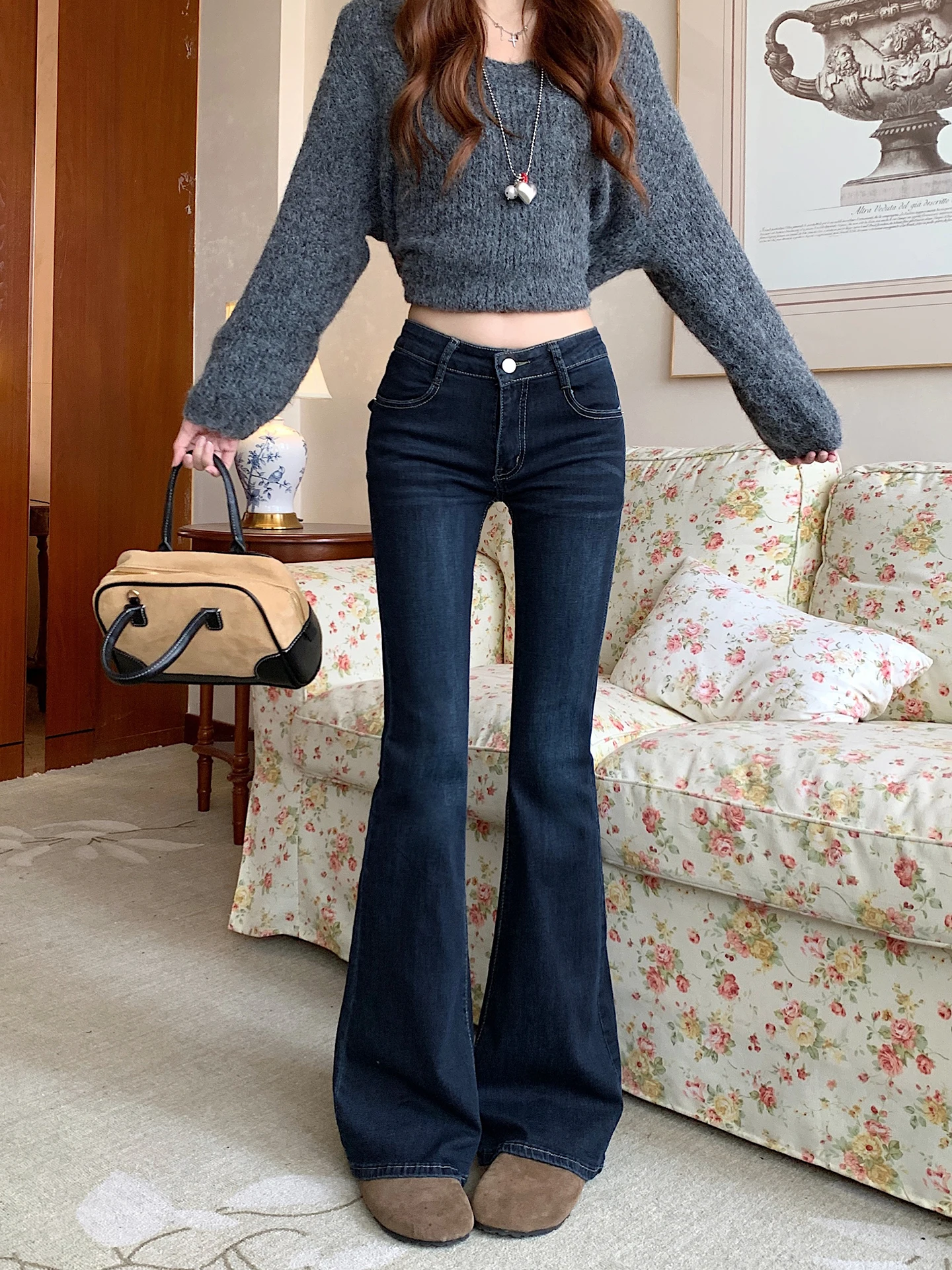 Low Waist Bell Bottom Denim Jeans Women's Spring Vintage Slim Fit Elastic Floor Length  Hoof Pants Skin Friendly Breathable
