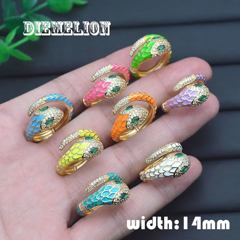 Multicolor Enamel Snake Rings for Women Luxury AAA Cubic Zirconia Pave Setting Gold Plated Adiustable Animal Ring Wholesale 5Pcs