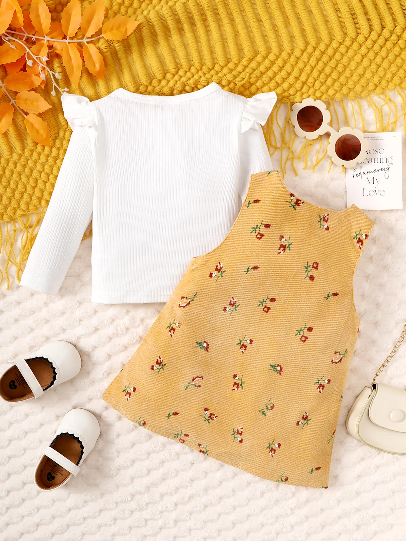 Spring And Autumn Girls Baby Long Sleeve Personality Round Neck Blouse Flower Print Pocket Yellow Sleeveless Dress Set