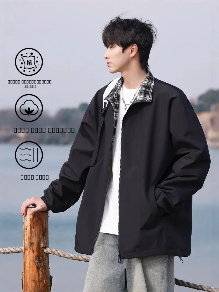 

TUCANO Pure Color y Plaid Jaet Autumn Trendy Hong Kong Sle Workwear Coat Loose Fit Long Sve Zipper Closure