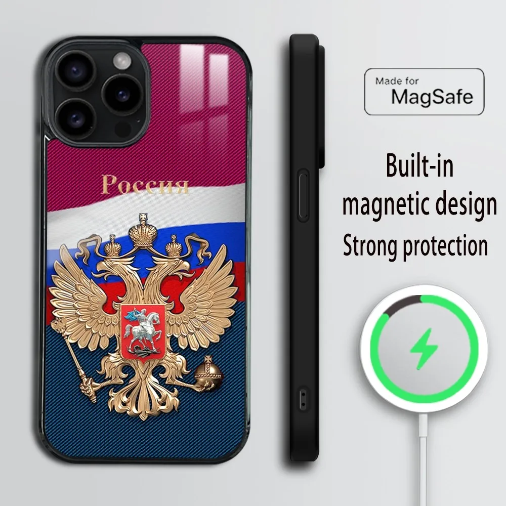 Russian Flag Phone Case For iPhone 16 15 14 13 12 11 Pro Max Plus Mini Magsafe Mirror Wireless Magnetic Cover