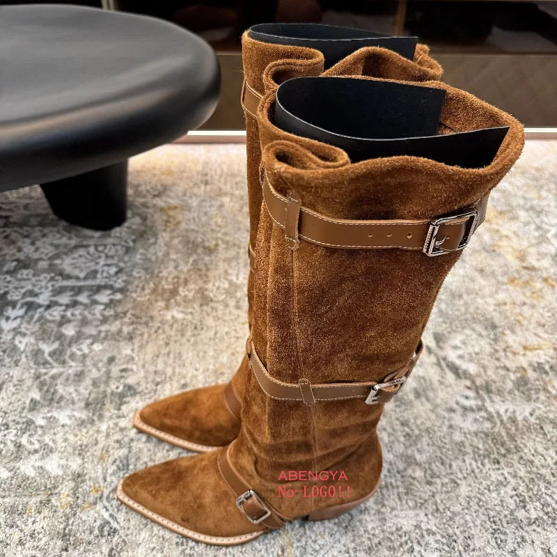 Winter Black Suede Leather Knee High Boots Women Pointy Toe Belt Buckle Motorcycle Long Boots Designer Party Thigh Boots Women view 5