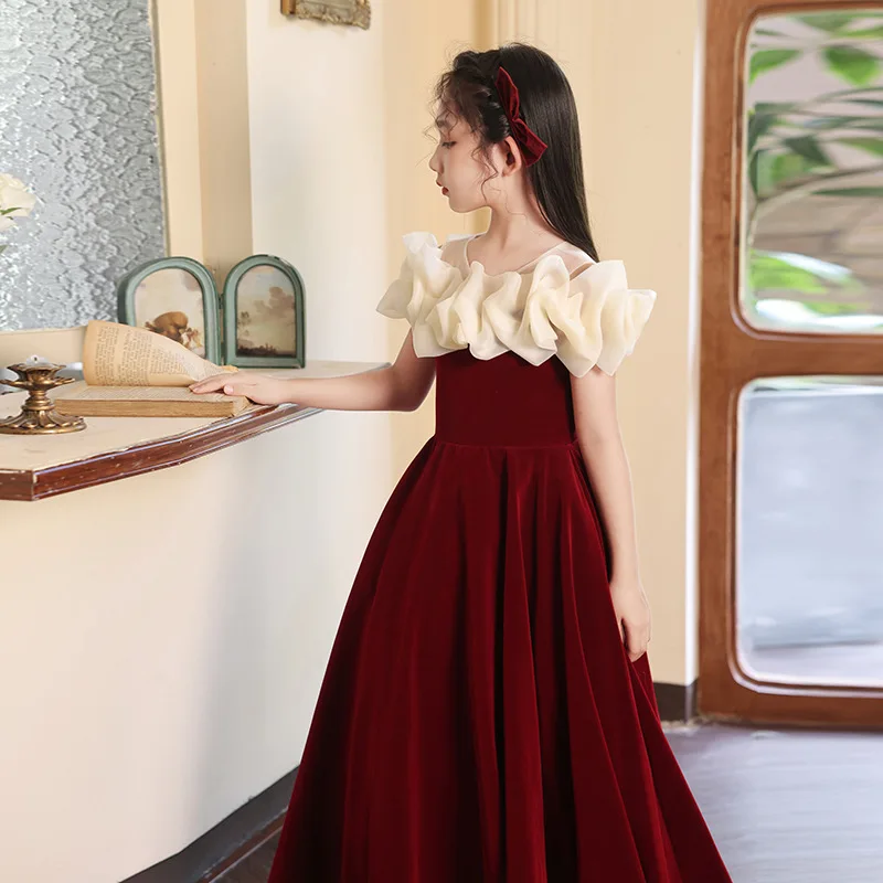 Robe de mariage à fleurs rouges pour enfants, petite fille, fête d'anniversaire, princesse hôte, spectacle de Piano, printemps automne