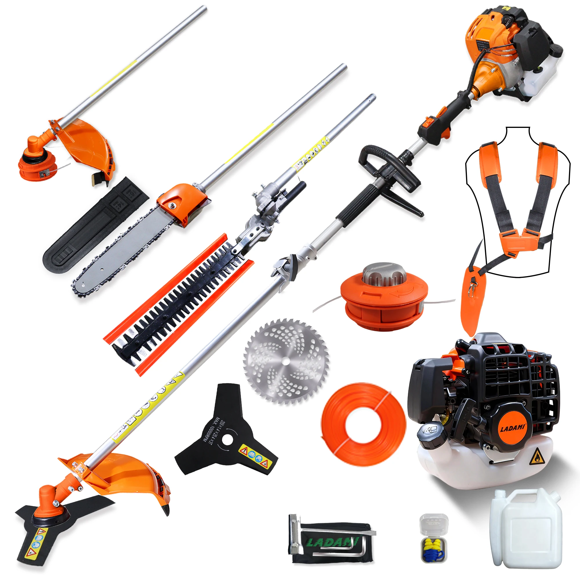 LADAMI 5-in-1 benzinebosmaaier 52cc 2-takt – Bosmaaier met trimmer, heggenschaar & kettingzaag, 3 pk luchtgekoeld tuincombinatietool voor grasmaaien, heggen trimmen & boomkappen