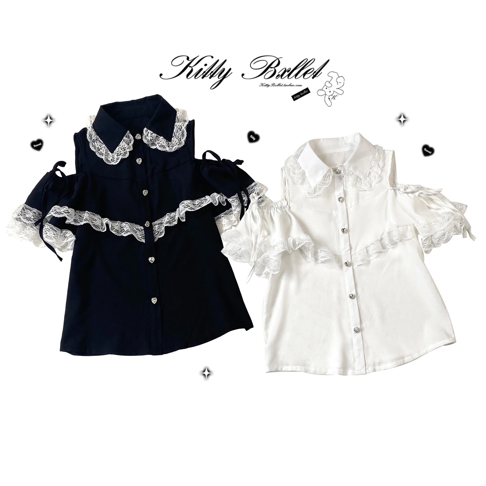 Dophee Original Lace Splicing Off Shoulder Short Sleeve Women Blouses Landmine System Love Diamond Button Girls Shirts and Top