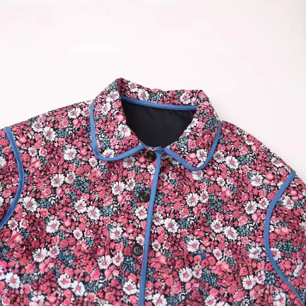 

Women's Retro Cotton Jacket with Lapel Flap Pockets And Decorative Floral Print for Autumn Winter Casual Wear