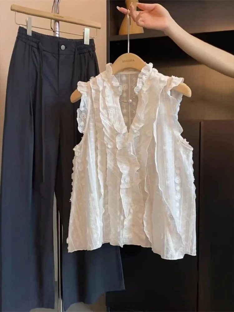 スイート Vネック フリル スウェット レディース サマー トップス 美しい バルベスト アウター 韓国風 刺繍入り ルーズ...