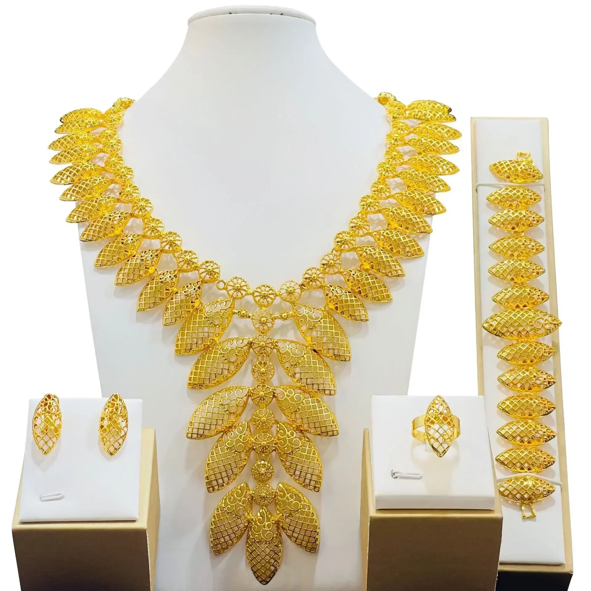 Fashion Dubai Gold Color Jewelry Set For Women African India Long Chain Tassels Necklace Earrings Bracelet Ring Set Party Gift