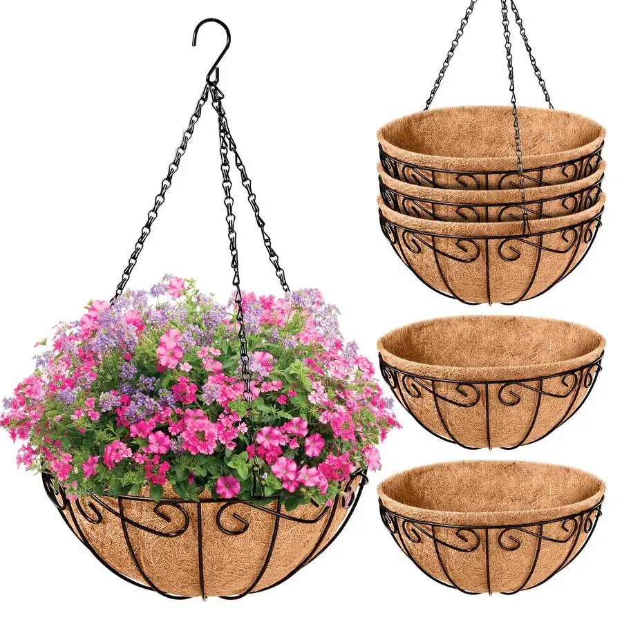 

Набор из 6 металлических подвесных корзин для растений, 14 дюймов, круглые, для улицы, с вкладышами из кокосового волокна, подвесные кашпо