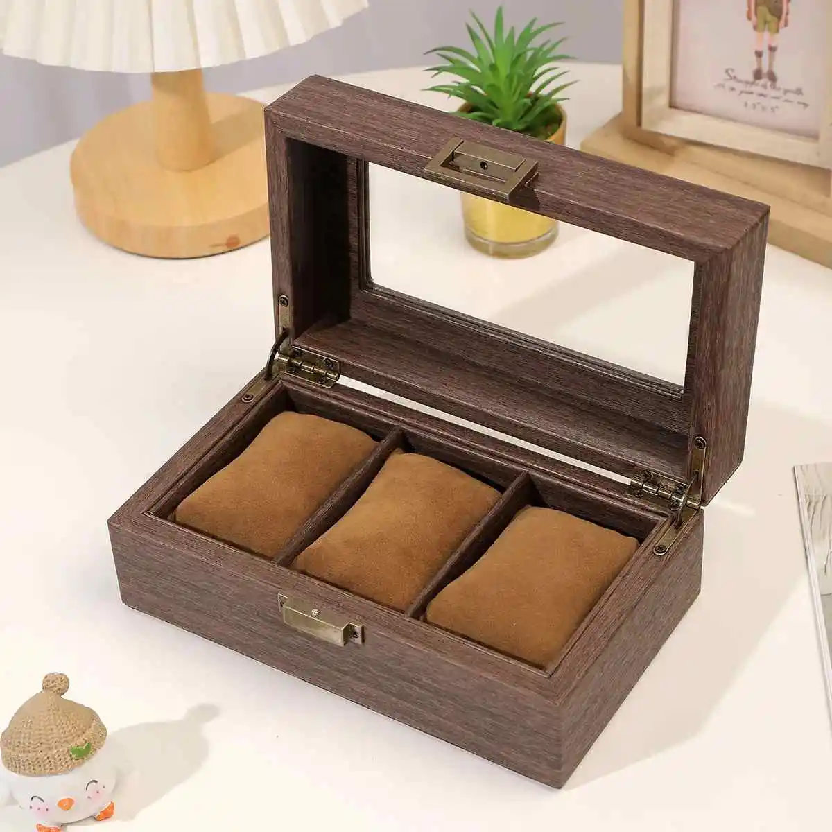 

3 Slots Wood Grain PU Leather Watch Box Wooden Jewelry Gift Box Watch Storage Box Travel Portable Carrying Box