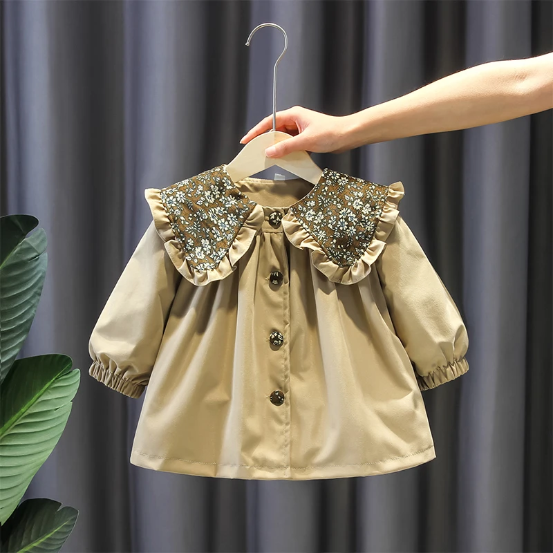 

Trench Baby Coat Spring Autumn Girl Fashion Doll Collar Windbreaker Korean Middle Length Loose Fitting Tops Flower Edge