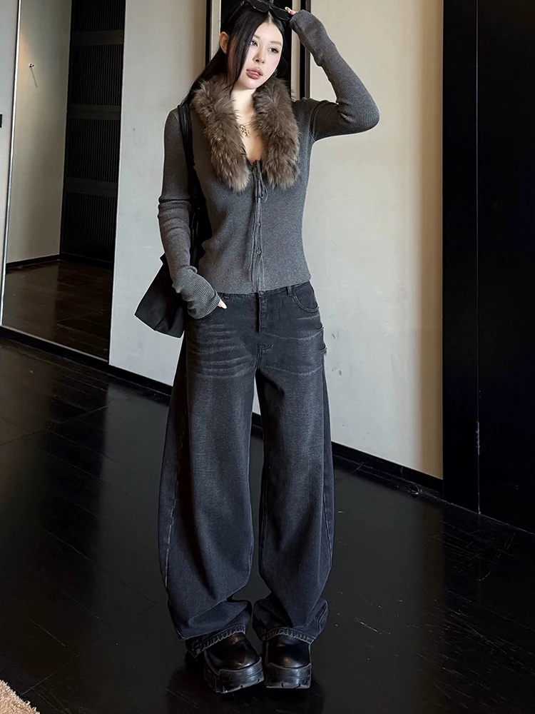 Y2K Korean Wide Leg Jeans for Women Curved Knife Loose Pants Spring Autumn Hot Stamped Diamond Trendy Cool Versatile