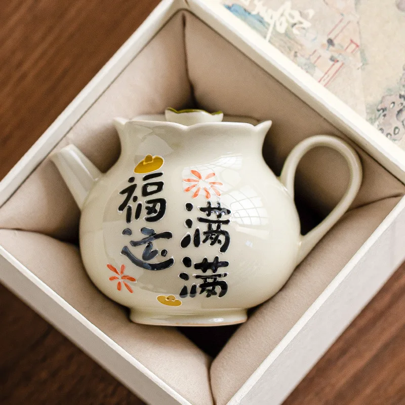 Hand-painted Pile Carving Fortune Full Teapot Single Pot Chinese Ceramic Tea Teapot Not Hot Mini Pot