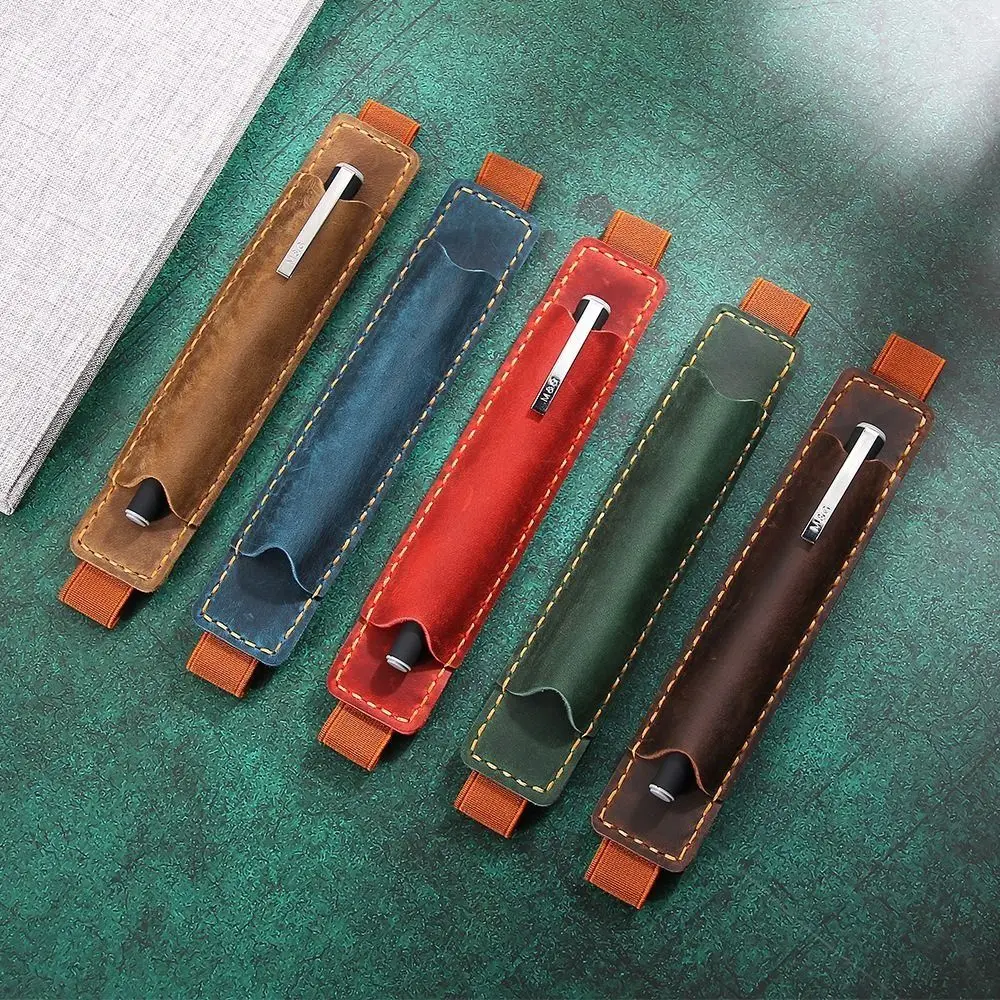 

Top Leather Leather Pencil Bag Crazy Horse Leather Protective Cover Portable Pen Pouch Vintage Elastic Band Pen Case Holder