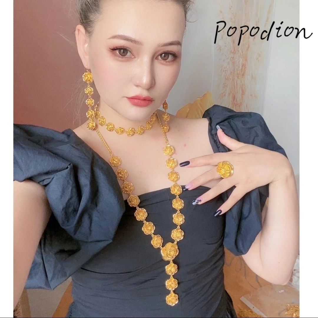 Popodion New Dubai Jewelry 24K Gold Plated Flower Necklace Ring Women's Earrings Fashion Jewelry Set Of Four YY10291