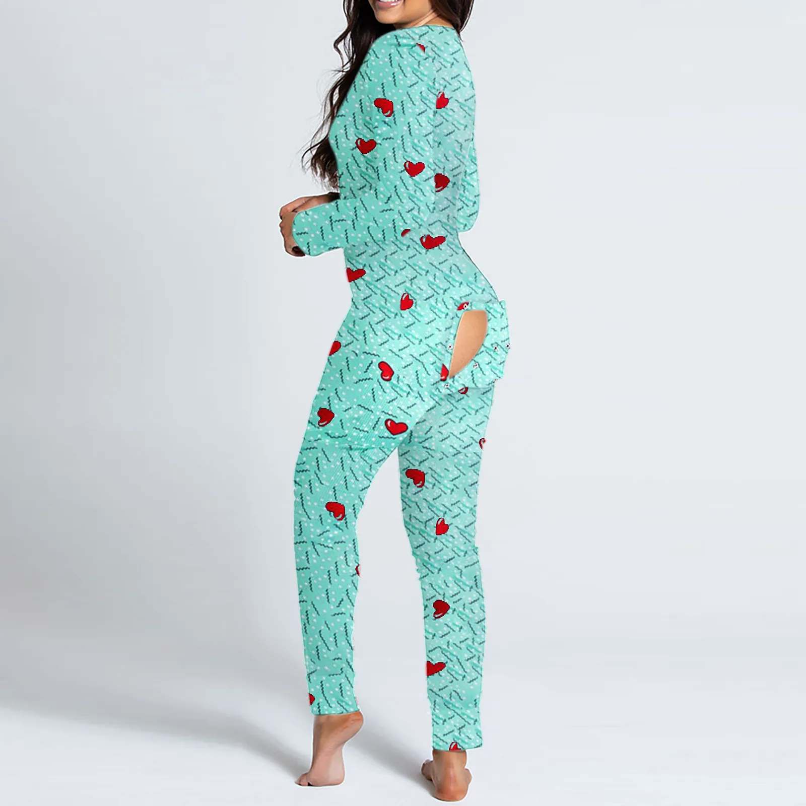 Womens Jumpsuit Button Down Onesies Christmas Love Print Suit Functional Buttoned Flap Adults Jumpsuit Sleepwear Xmas Pyjamas